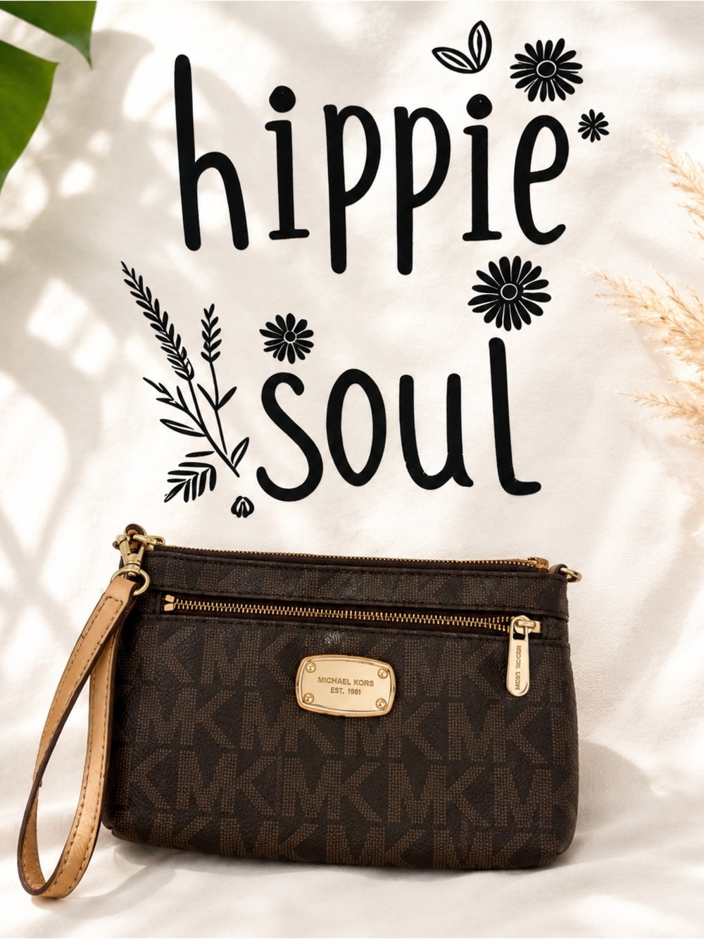 Michael Kors Brown Monogram Zip Wristlet with Gold Hardware